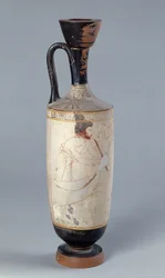 Attische weißgrundige Lekythos, die Charon, den Fährmann der Unterwelt, darstellt, wie er die Seele eines Verstorbenen empfängt, ca. 420 v. Chr.